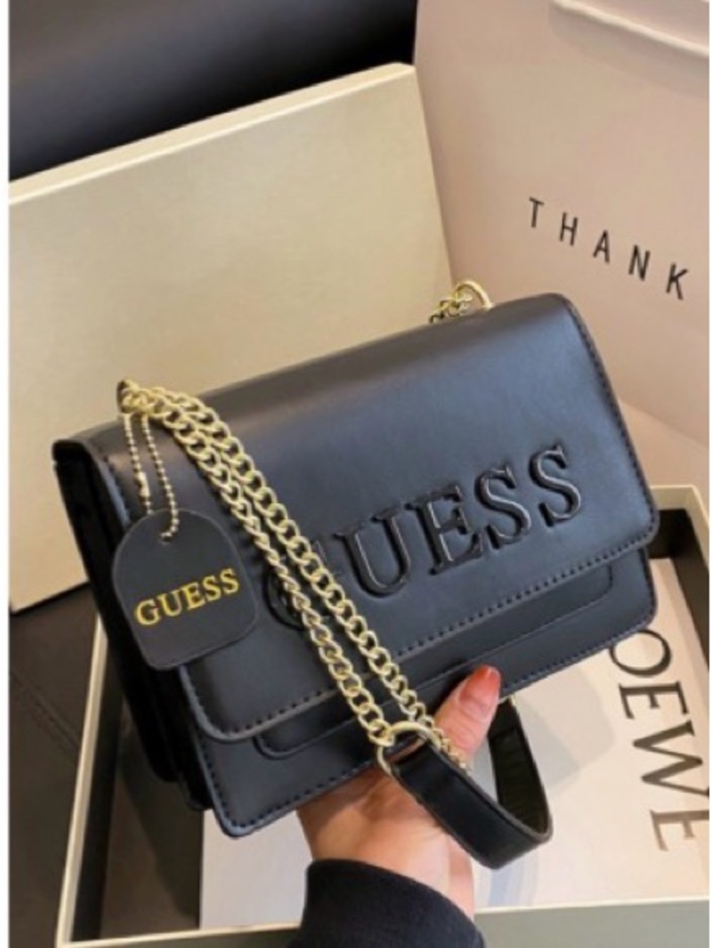 GUESS Black Faux-Leather Embossed Chain Crossbody